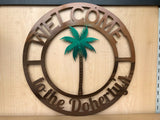 Welcome Palm Tree Personalized Metal Sign - Customizable Weatherproof Door Hanger or Wall Art Powder Coat