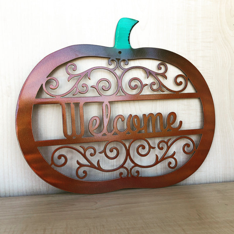 Pumpkin Welcome Sign Metal Wall Art with Scroll Detail, Front Door Wreath, Fall Home Decor, Halloween