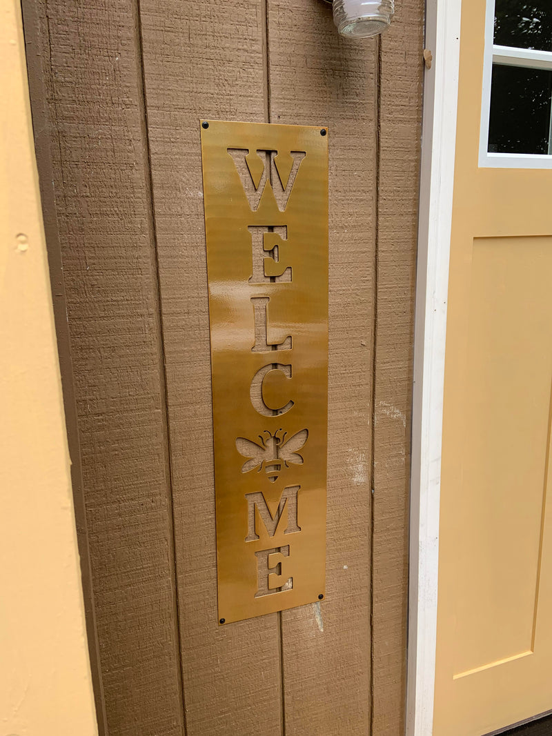 Vertical Welcome Bee Sign, Metal Home Decor, Front Door Hanger